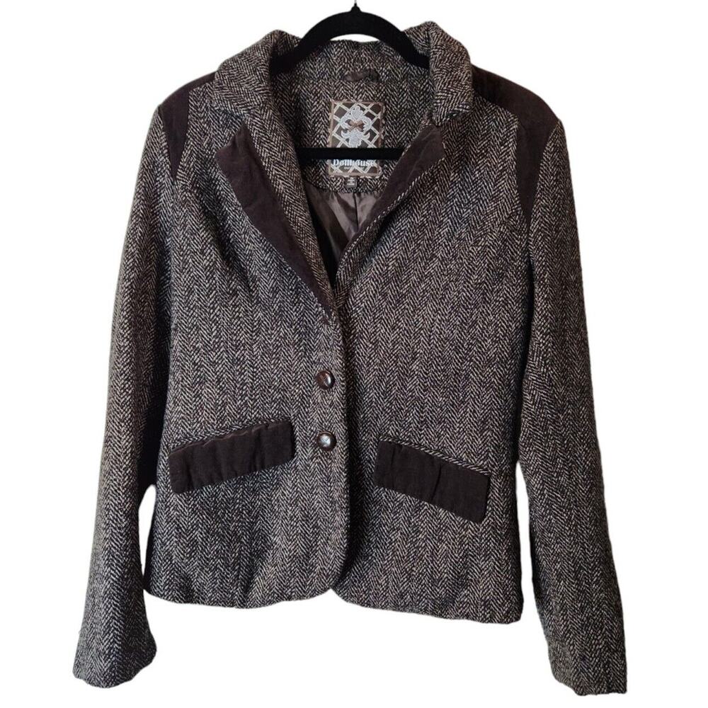 Dollhouse Outerwear Wool Blend Lined Coat Brown Herringbone Velvet Womens Medium